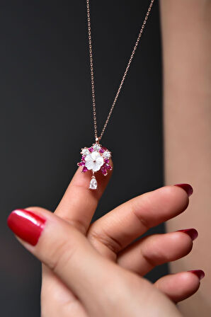 925 Ayar Gümüş Rose Kaplama Tasarım Fuşya Taşlı Sedef Manolya Çiçeği Kolye