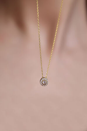 925 Ayar Gümüş Gold Kaplama Tek Taş Kolye