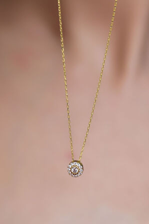 925 Ayar Gümüş Gold Kaplama Tek Taş Kolye