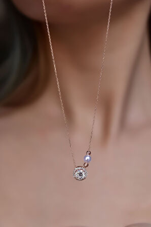 925 Ayar Gümüş Rose Kaplama Incili Dorika Toplu Tek Taş Kolye