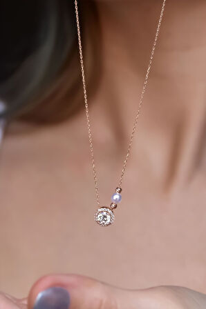 925 Ayar Gümüş Rose Kaplama Incili Dorika Toplu Tek Taş Kolye