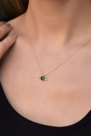 925 Ayar Gümüş Gold Kaplama Yeşim Renkli Kalp Kanat Kolye