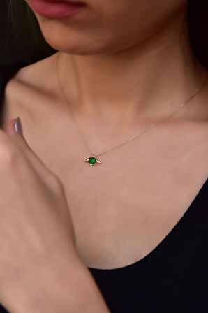 925 Ayar Gümüş Gold Kaplama Yeşim Renkli Kalp Kanat Kolye