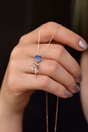 925 Ayar Rose Kaplama Iki Kalp Taşıyan Melek Kolye