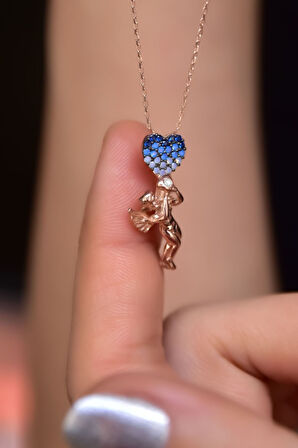 925 Ayar Rose Kaplama Iki Kalp Taşıyan Melek Kolye