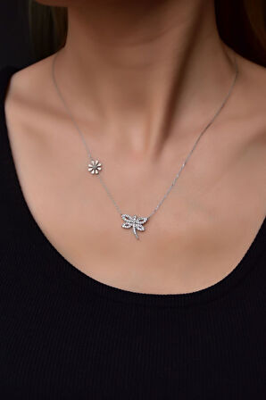 925 Ayar Gümüş Rodyum Kaplama Papatya Ve Yusufçuk Kolye