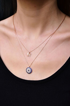 925 Ayar Gümüş Rose Kaplama Asansörlü Kristal Kesim Harf Ve Nazar Kolye