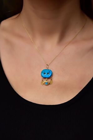 925 Ayar Gümüş Gold Kaplama Camdaki Kadın Süryani Nazar Boncuğu Cam Göz Kolye