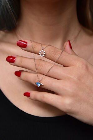 925 Ayar Gümüş Rose Kaplama Asansörlü Mineli Papatya Ve Kalp Kanat Kolye