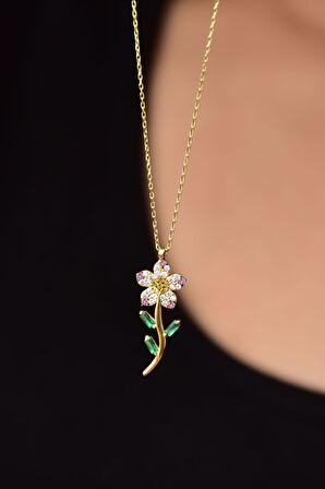 925 Ayar Gümüş Altın Kaplama Pembe Taşlı Papatya Kolye