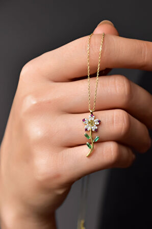 925 Ayar Gümüş  Fuşya Taşlı Papatya Kolye.rose.gold.rodaj