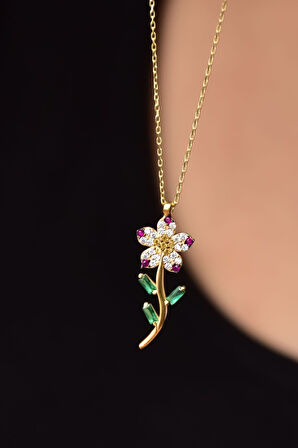 925 Ayar Gümüş  Fuşya Taşlı Papatya Kolye.rose.gold.rodaj