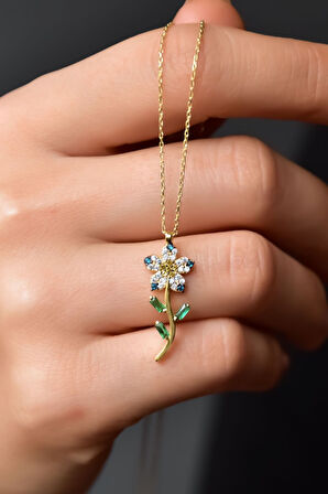 925 Ayar Gümüş  Fuşya Taşlı Papatya Kolye.rose.gold.rodaj