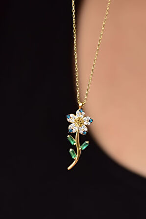 925 Ayar Gümüş  Fuşya Taşlı Papatya Kolye.rose.gold.rodaj