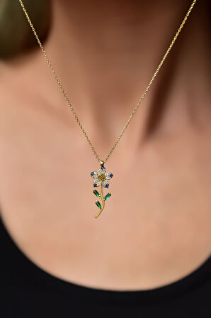 925 Ayar Gümüş Gold Kaplama Fuşya Taşlı Papatya Kolye