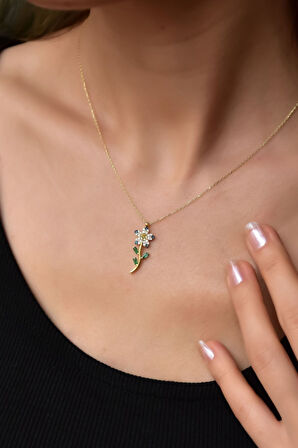 925 Ayar Gümüş Gold Kaplama Fuşya Taşlı Papatya Kolye