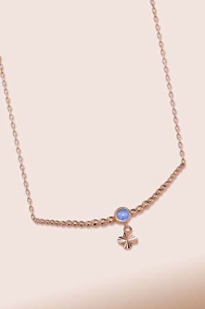 925 Ayar Gümüş Rose Kaplama Top Motifli Mor Ay Taşı Yonca Kolye