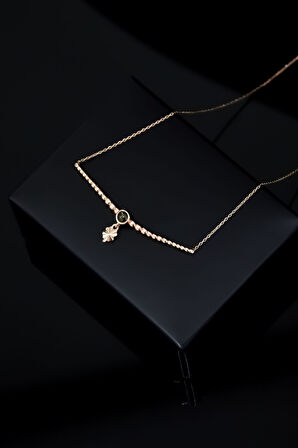 925 Ayar Gümüş Rose Kaplama Top Motifli Haki Ay Taşı Yonca Kolye