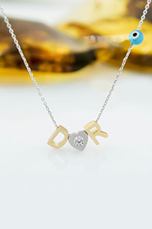 925 Ayar Gümüş Gold Kaplama Taşlı Kalp Gözlü Harf Kadın Kolye
