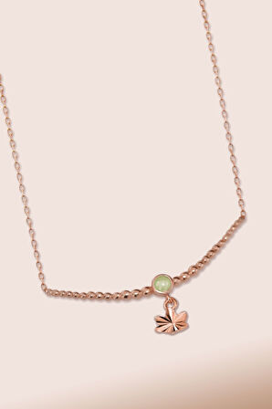 925 Ayar Gümüş Rose Kaplama Top Motifli Su Yeşili Ay Taşı Yıldız Kolye