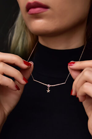 925 Ayar Gümüş Rose Kaplama Top Motifli Pembe Ay Taşı Kalp Kolye