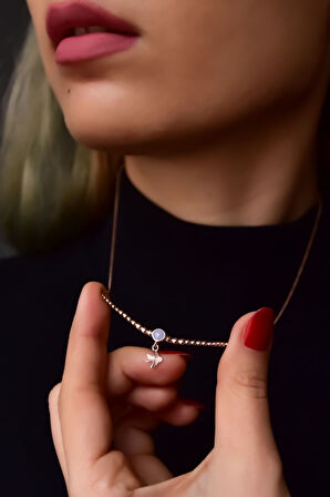 925 Ayar Gümüş Rose Kaplama Top Motifli Lila Ay Taşı Kırlangıç Kolye