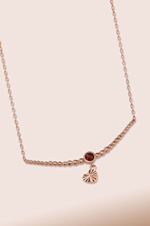 925 Ayar Gümüş Rose Kaplama Top Motifli Bordo Ay Taşı Yaşam Çiçeği Kolye