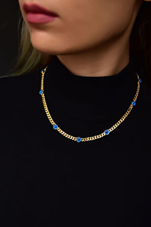 925 Ayar Gümüş Gold Kaplama Cam Göz Zincir Kolye