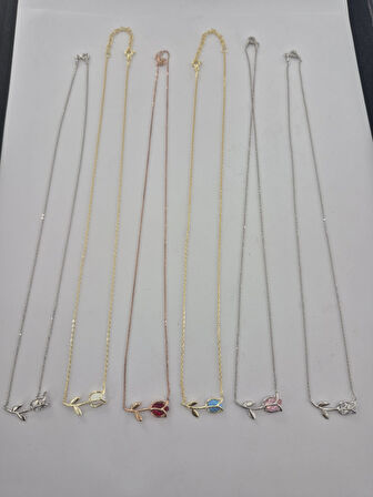 925 Ayar Gümüş Gold Kaplama Çimen Yeşili Taşlı Lale Kolye