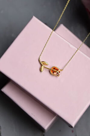 925 Ayar Gümüş Gold Kaplama Turuncu Taşlı Lale Kolye (Gold)
