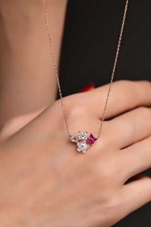 925 Ayar Gümüş Rose Kaplama Sedef Manolya Fuşya Beyaz Taşlı Yonca Çiçek Kolye