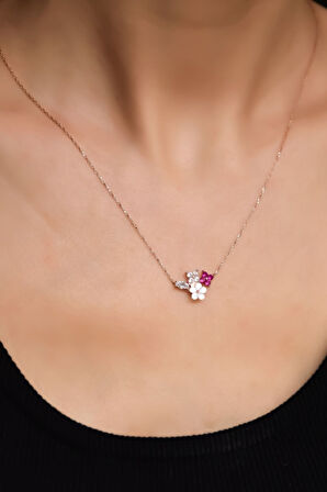 925 Ayar Gümüş Rose Kaplama Sedef Manolya Fuşya Beyaz Taşlı Yonca Çiçek Kolye