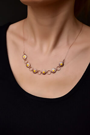 925 Ayar Gümüş Rose Kaplama Halka Mineli Papatya Kolye