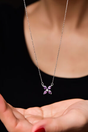 925 Ayar Gümüş Rodyum Kaplama Mor Zirkon Taşlı Plumeria Kolye