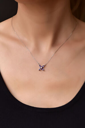 925 Ayar Gümüş Rodyum Kaplama Mor Zirkon Taşlı Plumeria Kolye