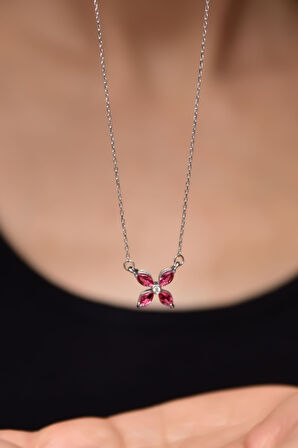 925 Ayar Gümüş Rodyum Kaplama Fuşya Zirkon Taşlı Plumeria Kolye