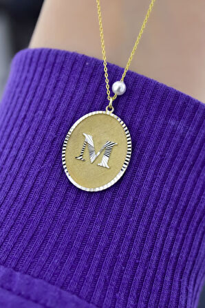 925 Ayar Gümüş Gold Rodyum Kaplama Incili M Harf Plaka Kolye