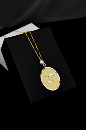 925 Ayar Gümüş Gold Rodyum Kaplama Incili Kalp Plaka Kolye
