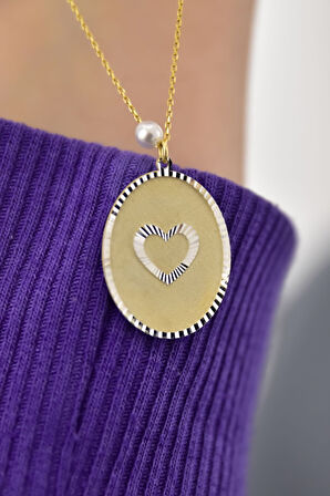 925 Ayar Gümüş Gold Rodyum Kaplama Incili Kalp Plaka Kolye