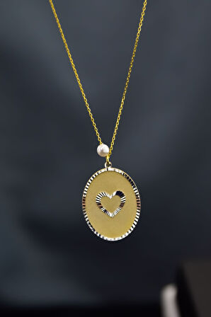 925 Ayar Gümüş Gold Rodyum Kaplama Incili Kalp Plaka Kolye