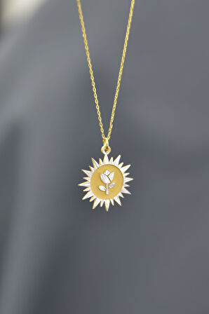 925 Ayar Gümüş Gold Rodyum Kaplama Lale Kristal Kesim Güneş Plaka Kolye