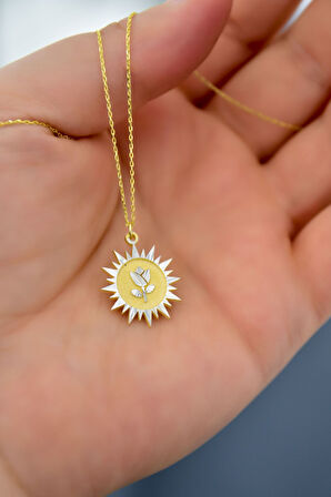 925 Ayar Gümüş Gold Rodyum Kaplama Lale Kristal Kesim Güneş Plaka Kolye