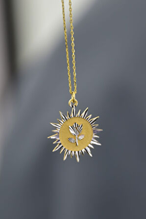 925 Ayar Gümüş Gold Rodyum Kaplama Lale Kristal Kesim Güneş Plaka Kolye