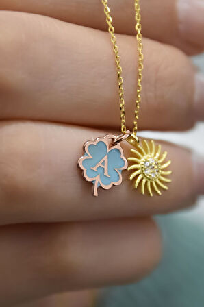 925 Ayar Gümüş Gold Kaplama Yonca Mineli A Harfli Güneş Kolye