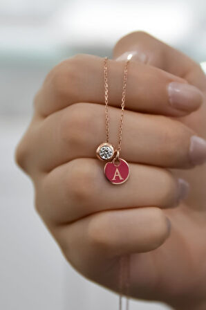 925 Ayar Gümüş Rose Kaplama Mineli A Harf Tektaş Kolye