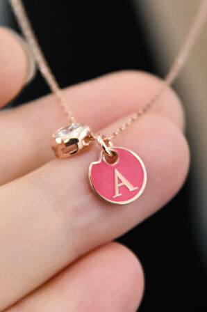 925 Ayar Gümüş Rose Kaplama Mineli A Harf Tektaş Kolye