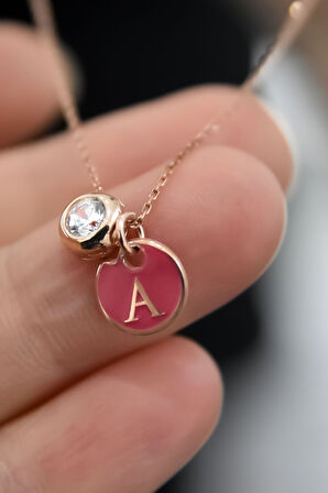 925 Ayar Gümüş Rose Kaplama Mineli A Harf Tektaş Kolye