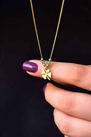 925 Ayar Gümüş Gold Kaplama Yeşil Taşlı Dorika Top Yonca Kolye