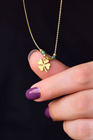 925 Ayar Gümüş Gold Kaplama Yeşil Taşlı Dorika Top Yonca Kolye