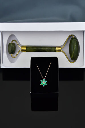 925 Ayar Gümüş Rose Kaplama Yeşil Opal Taşlı Lotus Çiçeği Kolye Yeşim Taşı Yüz Masaj Aleti Hediye